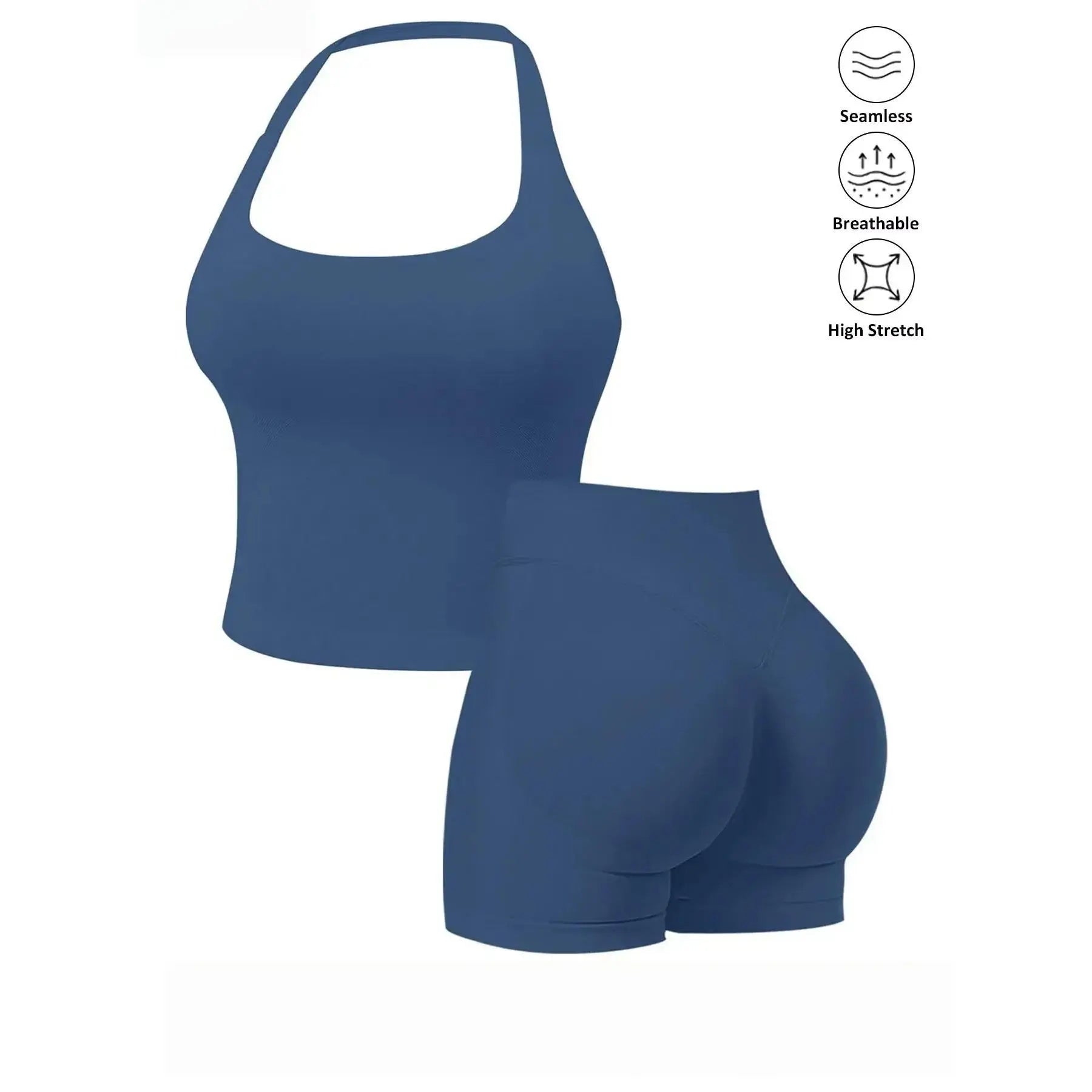 Seamless 2 Piece Workout Set for Women, Halter Tank Top with Built-In Bra & High Stretch Scrunch Booty Shorts for Gym Yoga, Gym Sets, 2 Piece Sets Women
