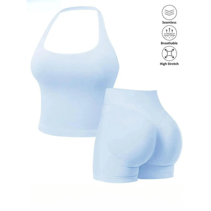 Seamless 2 Piece Workout Set for Women, Halter Tank Top with Built-In Bra & High Stretch Scrunch Booty Shorts for Gym Yoga, Gym Sets, 2 Piece Sets Women