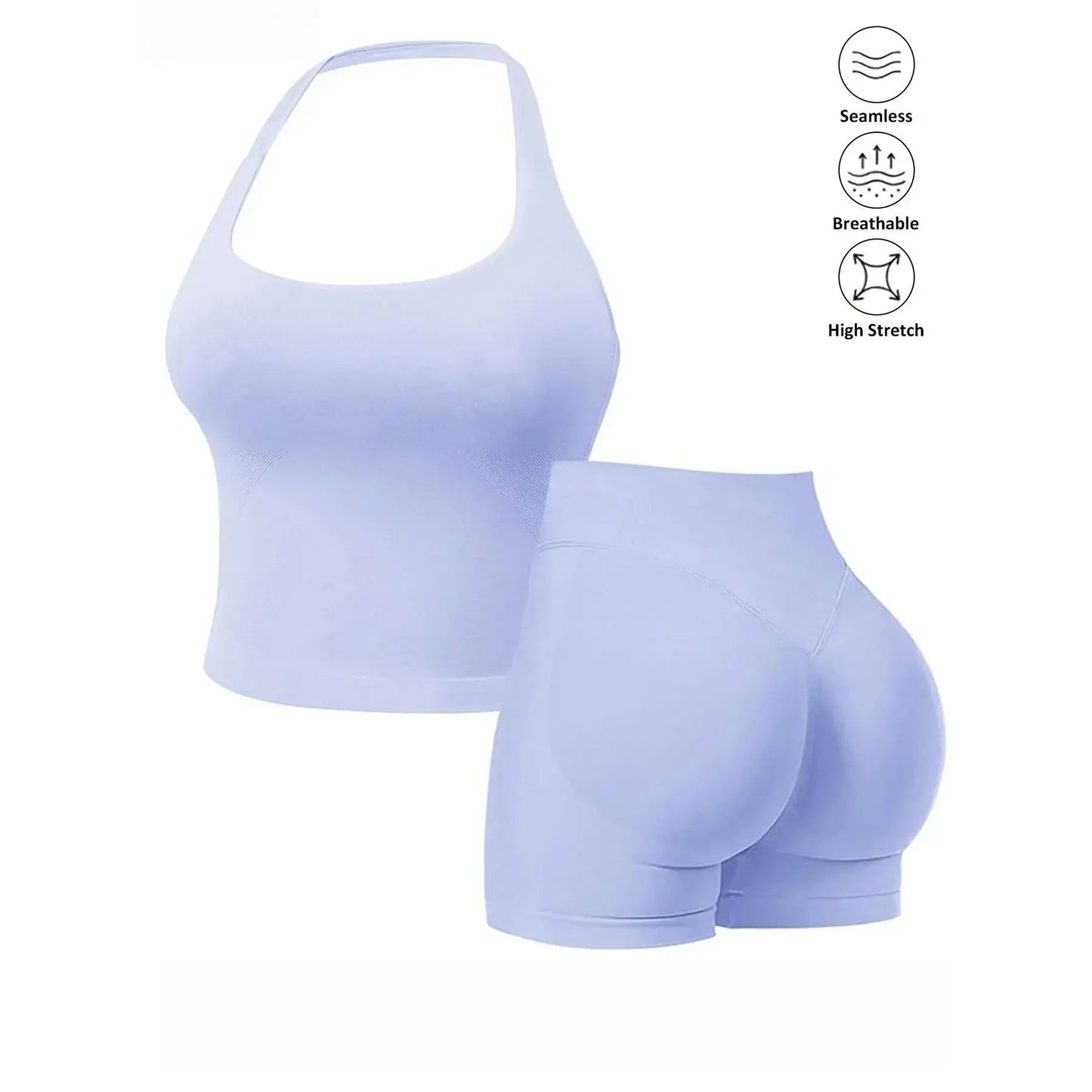Seamless 2 Piece Workout Set for Women, Halter Tank Top with Built-In Bra & High Stretch Scrunch Booty Shorts for Gym Yoga, Gym Sets, 2 Piece Sets Women