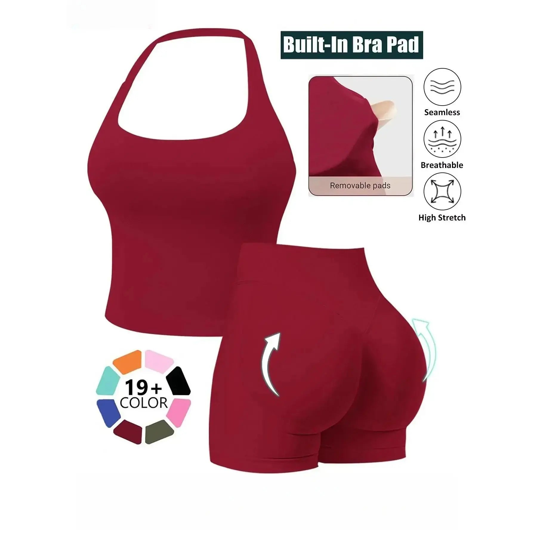 Seamless 2 Piece Workout Set for Women, Halter Tank Top with Built-In Bra & High Stretch Scrunch Booty Shorts for Gym Yoga, Gym Sets, 2 Piece Sets Women