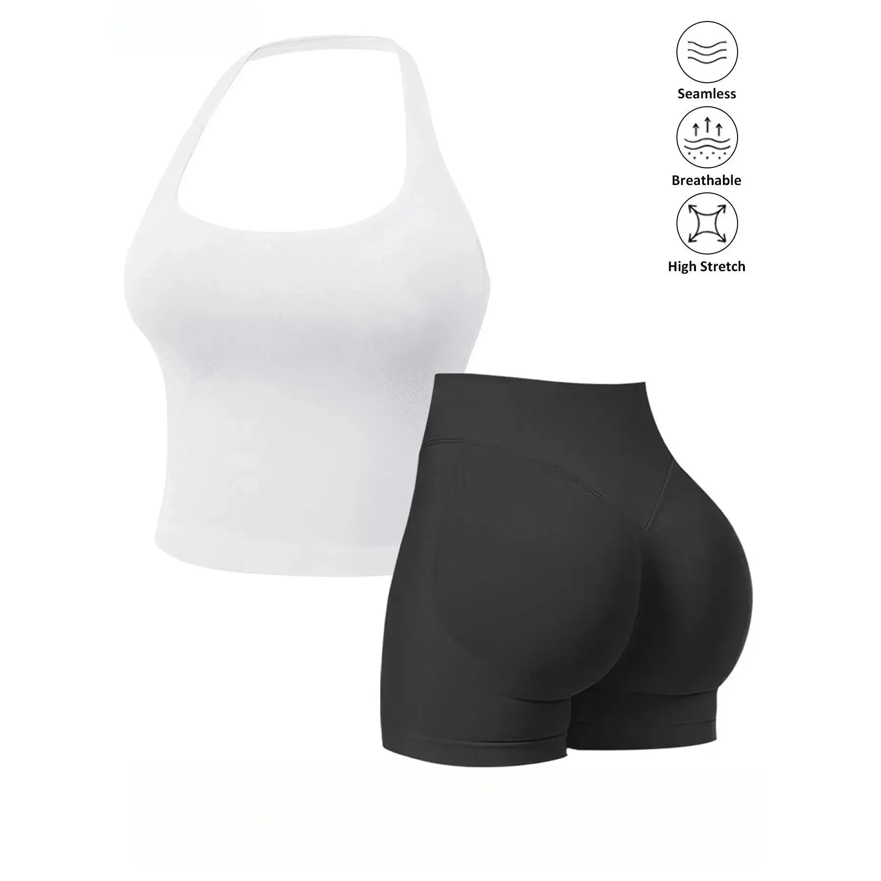 Seamless 2 Piece Workout Set for Women, Halter Tank Top with Built-In Bra & High Stretch Scrunch Booty Shorts for Gym Yoga, Gym Sets, 2 Piece Sets Women
