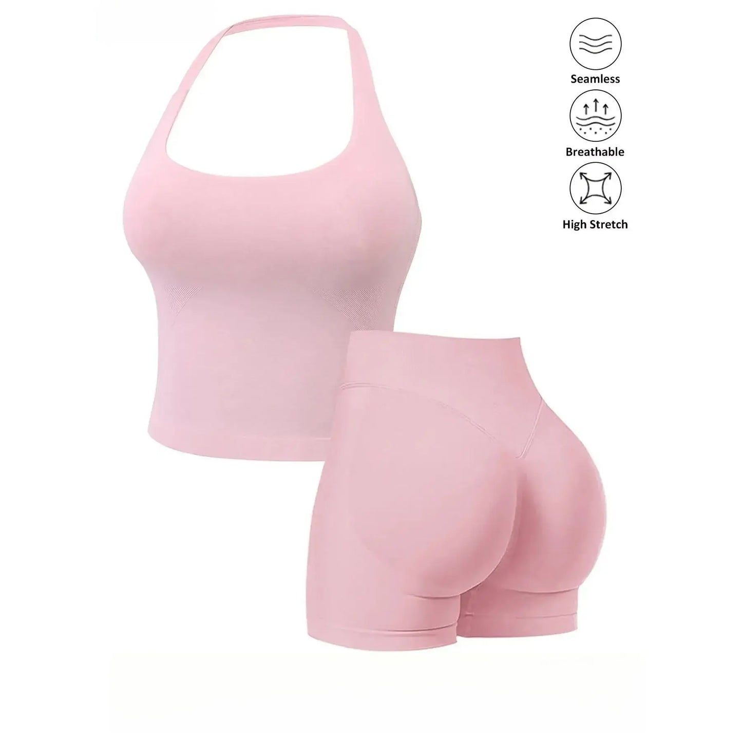 Seamless 2 Piece Workout Set for Women, Halter Tank Top with Built-In Bra & High Stretch Scrunch Booty Shorts for Gym Yoga, Gym Sets, 2 Piece Sets Women