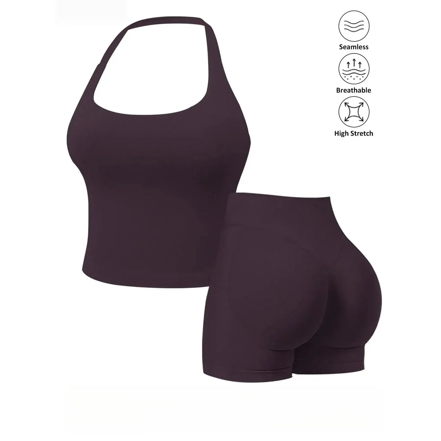 Seamless 2 Piece Workout Set for Women, Halter Tank Top with Built-In Bra & High Stretch Scrunch Booty Shorts for Gym Yoga, Gym Sets, 2 Piece Sets Women