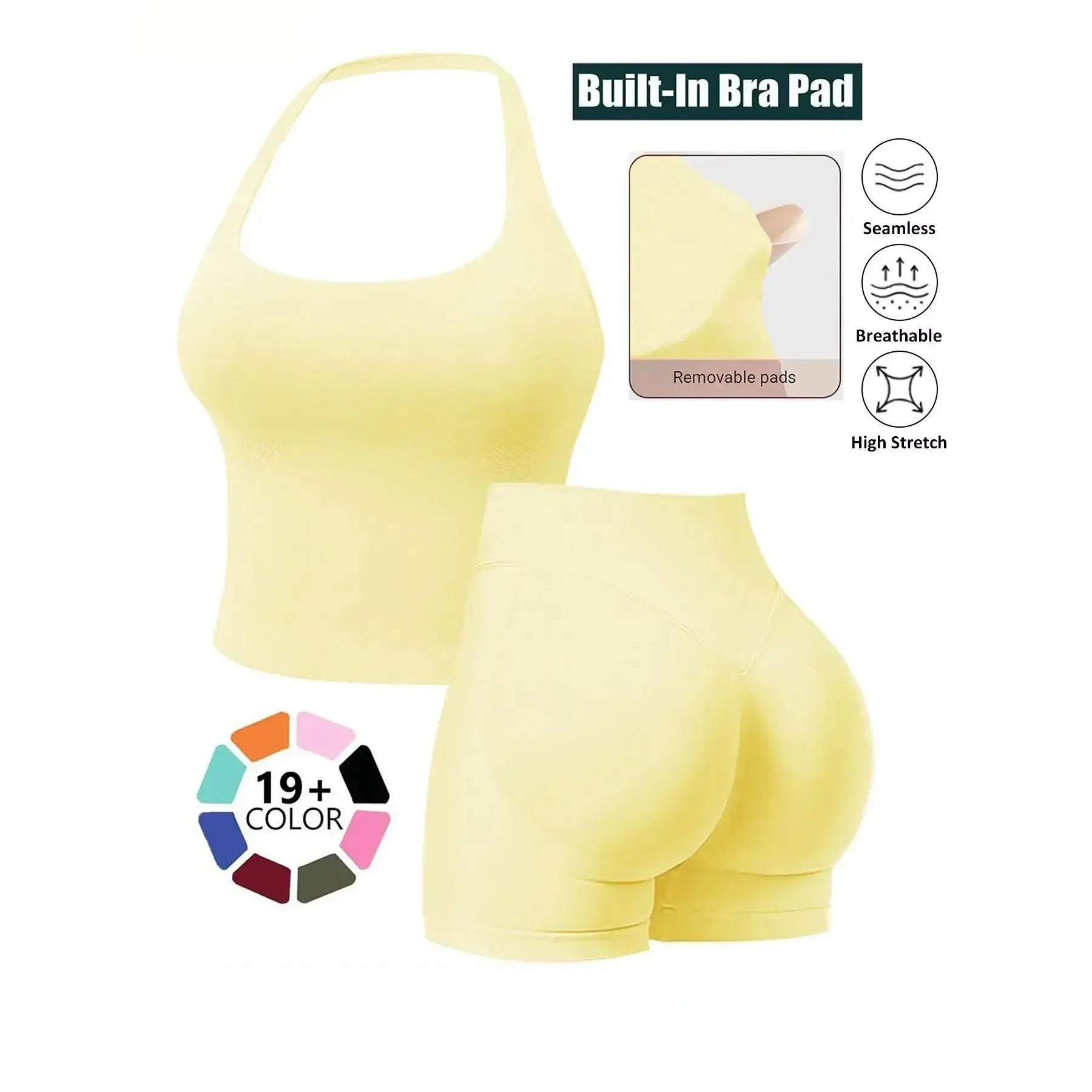 Seamless 2 Piece Workout Set for Women, Halter Tank Top with Built-In Bra & High Stretch Scrunch Booty Shorts for Gym Yoga, Gym Sets, 2 Piece Sets Women