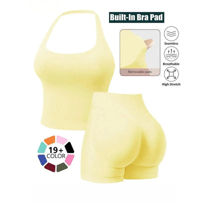 Seamless 2 Piece Workout Set for Women, Halter Tank Top with Built-In Bra & High Stretch Scrunch Booty Shorts for Gym Yoga, Gym Sets, 2 Piece Sets Women
