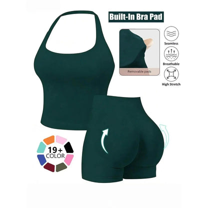 Seamless 2 Piece Workout Set for Women, Halter Tank Top with Built-In Bra & High Stretch Scrunch Booty Shorts for Gym Yoga, Gym Sets, 2 Piece Sets Women